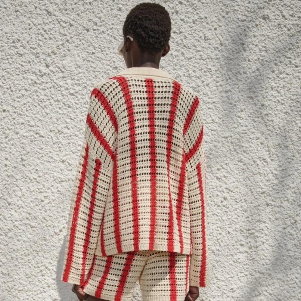 Zara Crochet Cardigan, buttons, beige/ red, striped, NWOT, M - Picture 3 of 6